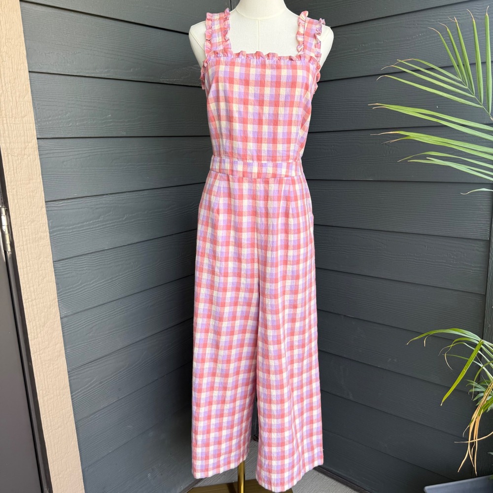 FRNCH Paris Gingham Open Back Wide Leg Jumpsuit Pink Lavender Cotton Large‎